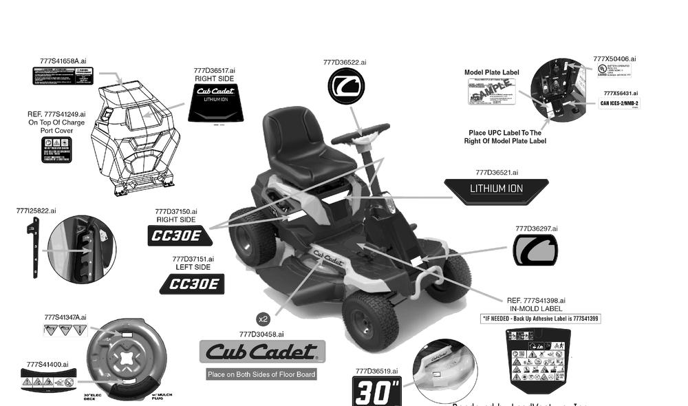 Label Map Diagram and Parts List for CC30E (33BA27JDB10)(2023) Cub Cadet Lawn Tractor Accessories